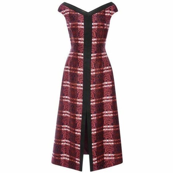 Mother of Pearl Jolene Printed Silk-Twill Dress Sz 6 Red Check Cap Sleeve